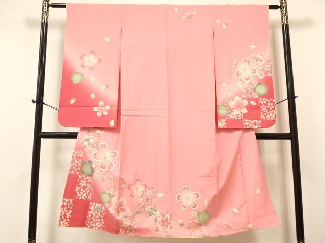 平和屋着物[]七五三　女の子　７歳　祝着　四つ身　長襦袢(単衣)・袋帯・しごきセット　色紙舞桜文　暈し染め　金彩　逸品　DABA3962ma