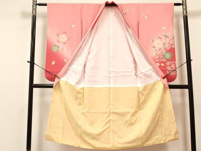 平和屋着物[]七五三　女の子　７歳　祝着　四つ身　長襦袢(単衣)・袋帯・しごきセット　色紙舞桜文　暈し染め　金彩　逸品　DABA3962ma