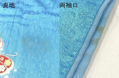 平和屋着物[]七五三　女の子　７歳　祝着　四つ身　花蝶文　金彩　銀通し地　逸品　DABA3964ma