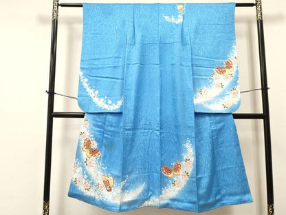 平和屋着物[]七五三　女の子　７歳　祝着　四つ身　花蝶文　金彩　銀通し地　逸品　DABA3964ma