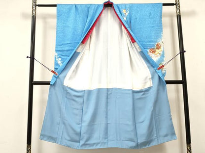 平和屋着物[]七五三　女の子　７歳　祝着　四つ身　花蝶文　金彩　銀通し地　逸品　DABA3964ma