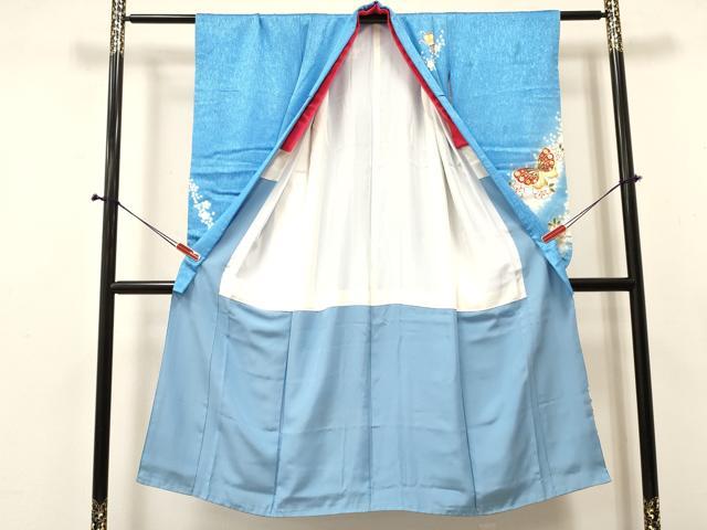 平和屋着物[]七五三　女の子　７歳　祝着　四つ身　花蝶文　金彩　銀通し地　逸品　DABA3964ma