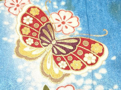 平和屋着物[]七五三　女の子　７歳　祝着　四つ身　花蝶文　金彩　銀通し地　逸品　DABA3964ma