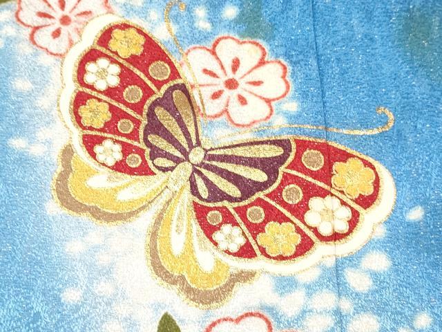 平和屋着物[]七五三　女の子　７歳　祝着　四つ身　花蝶文　金彩　銀通し地　逸品　DABA3964ma