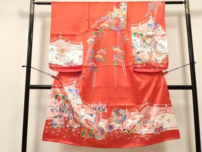 平和屋着物[]七五三　女の子　７歳　祝着　四つ身　鞠花蝶文　金彩　逸品　DABA3966ma