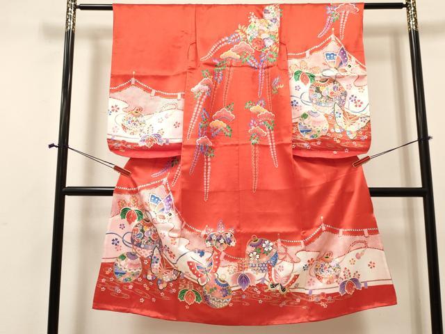 平和屋着物[]七五三　女の子　７歳　祝着　四つ身　鞠花蝶文　金彩　逸品　DABA3966ma