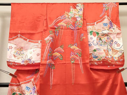 平和屋着物[]七五三　女の子　７歳　祝着　四つ身　鞠花蝶文　金彩　逸品　DABA3966ma