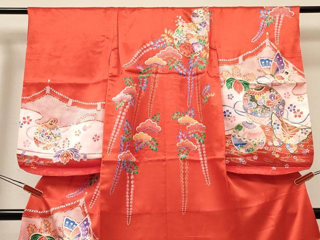 平和屋着物[]七五三　女の子　７歳　祝着　四つ身　鞠花蝶文　金彩　逸品　DABA3966ma