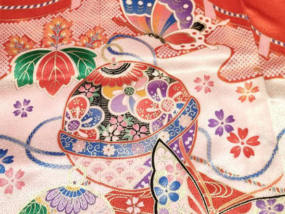 平和屋着物[]七五三　女の子　７歳　祝着　四つ身　鞠花蝶文　金彩　逸品　DABA3966ma