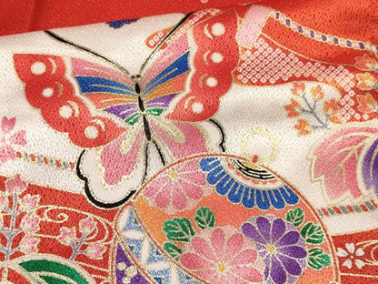平和屋着物[]七五三　女の子　７歳　祝着　四つ身　鞠花蝶文　金彩　逸品　DABA3966ma