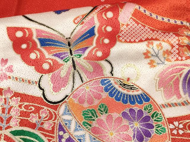 平和屋着物[]七五三　女の子　７歳　祝着　四つ身　鞠花蝶文　金彩　逸品　DABA3966ma