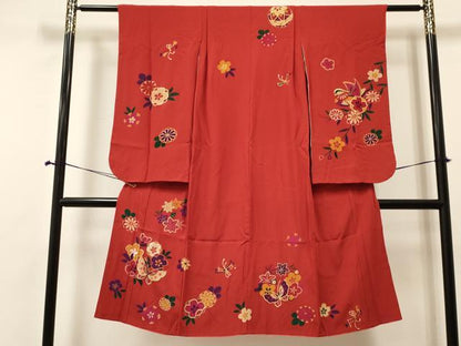 平和屋着物[]七五三　女の子　７歳　祝着　四つ身　刺繍　花蝶文　金彩　逸品　DABA3967ma