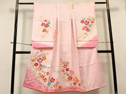 平和屋着物[]七五三　女の子　７歳　祝着　四つ身　流水花文　暈し染め　金彩　逸品　DABA3968ma