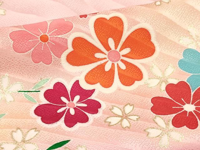 平和屋着物[]七五三　女の子　７歳　祝着　四つ身　流水花文　暈し染め　金彩　逸品　DABA3968ma