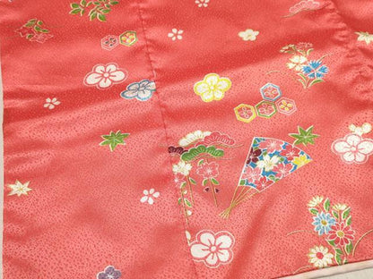 平和屋着物[]七五三　女の子　３歳　祝着　三つ身　長襦袢(単衣)・被布セット　扇面花文　洗える着物　DABA3969ma