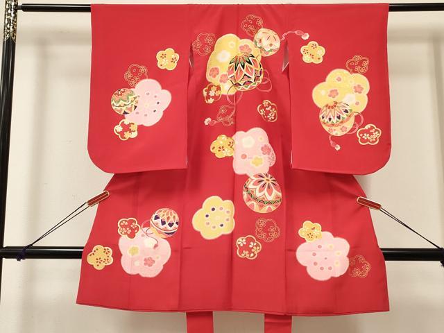 平和屋着物[]七五三　女の子　３歳　祝着　三つ身　長襦袢(袷・半衿刺繍)セット　駒刺繍　鞠花文　金彩　逸品　DABA3971ma