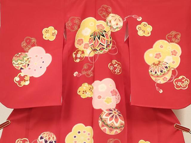 平和屋着物[]七五三　女の子　３歳　祝着　三つ身　長襦袢(袷・半衿刺繍)セット　駒刺繍　鞠花文　金彩　逸品　DABA3971ma