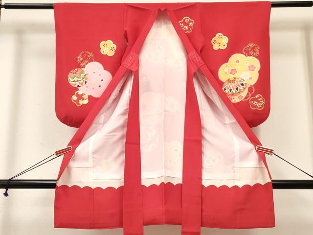 平和屋着物[]七五三　女の子　３歳　祝着　三つ身　長襦袢(袷・半衿刺繍)セット　駒刺繍　鞠花文　金彩　逸品　DABA3971ma