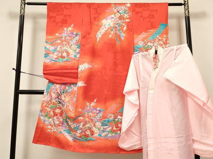 平和屋着物[]七五三　女の子　７歳　祝着　四つ身　長襦袢(無双仕立て・半衿刺繍)セット　檜扇熨斗花文　暈し染め　金彩　逸品　DABA3972ma