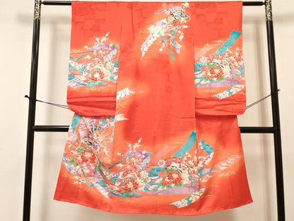 平和屋着物[]七五三　女の子　７歳　祝着　四つ身　長襦袢(無双仕立て・半衿刺繍)セット　檜扇熨斗花文　暈し染め　金彩　逸品　DABA3972ma