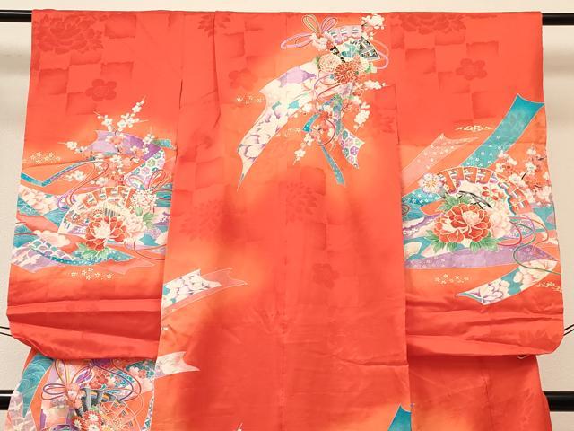 平和屋着物[]七五三　女の子　７歳　祝着　四つ身　長襦袢(無双仕立て・半衿刺繍)セット　檜扇熨斗花文　暈し染め　金彩　逸品　DABA3972ma