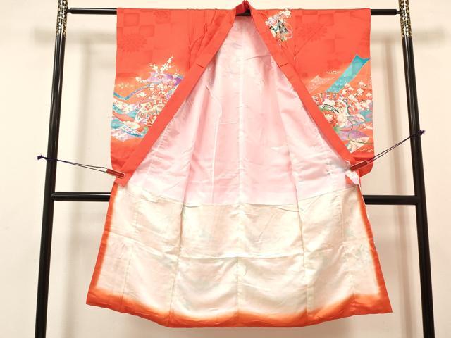 平和屋着物[]七五三　女の子　７歳　祝着　四つ身　長襦袢(無双仕立て・半衿刺繍)セット　檜扇熨斗花文　暈し染め　金彩　逸品　DABA3972ma