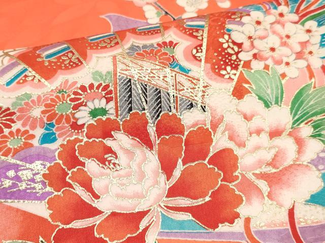 平和屋着物[]七五三　女の子　７歳　祝着　四つ身　長襦袢(無双仕立て・半衿刺繍)セット　檜扇熨斗花文　暈し染め　金彩　逸品　DABA3972ma
