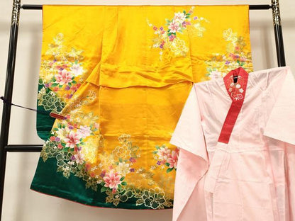 平和屋着物[]七五三　女の子　７歳　祝着　四つ身　襦袢(単衣・半衿刺繍)セット　草花文　暈し染め　金彩　DABA3973ma