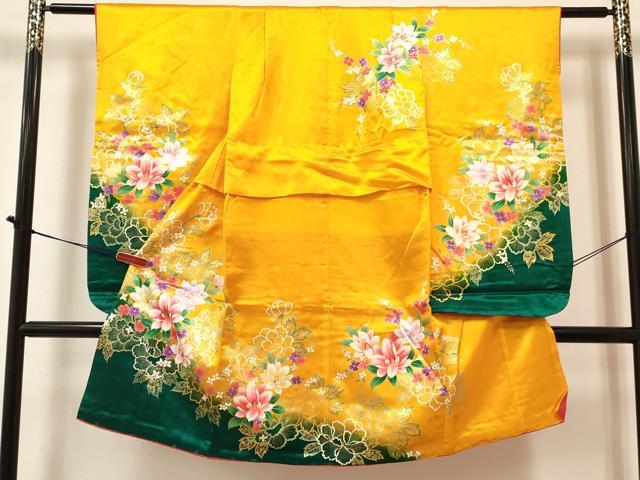 平和屋着物[]七五三　女の子　７歳　祝着　四つ身　襦袢(単衣・半衿刺繍)セット　草花文　暈し染め　金彩　DABA3973ma