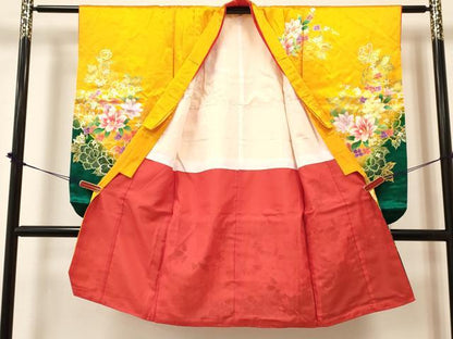 平和屋着物[]七五三　女の子　７歳　祝着　四つ身　襦袢(単衣・半衿刺繍)セット　草花文　暈し染め　金彩　DABA3973ma