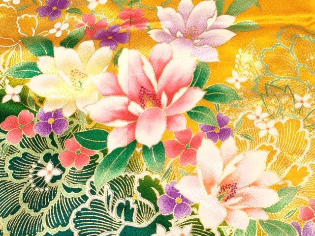 平和屋着物[]七五三　女の子　７歳　祝着　四つ身　襦袢(単衣・半衿刺繍)セット　草花文　暈し染め　金彩　DABA3973ma