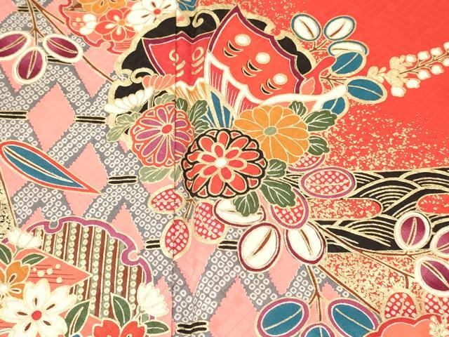 平和屋着物[]七五三　女の子　７歳　祝着　四つ身　雪輪花蝶文　金彩　逸品　DABA3974ma