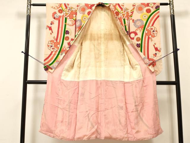 平和屋着物[]アンティーク　大正ロマン　七五三　女の子　７歳　祝着　四つ身　立波花文　金彩　逸品　DABA3979ma