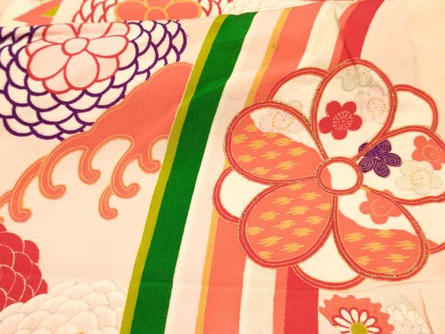 平和屋着物[]アンティーク　大正ロマン　七五三　女の子　７歳　祝着　四つ身　立波花文　金彩　逸品　DABA3979ma