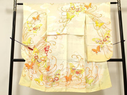 平和屋着物[]七五三　女の子　７歳　祝着　四つ身　駒刺繍　花蝶文　暈し染め　金彩　DABA3982ma