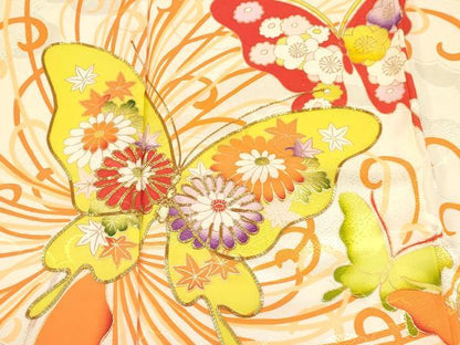 平和屋着物[]七五三　女の子　７歳　祝着　四つ身　駒刺繍　花蝶文　暈し染め　金彩　DABA3982ma