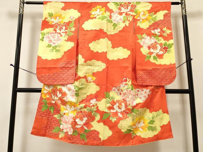 平和屋着物[]七五三　女の子　７歳　祝着　四つ身　駒刺繍　牡丹花文　金彩　逸品　DABA3983ma