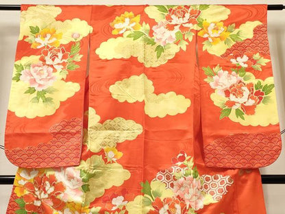 平和屋着物[]七五三　女の子　７歳　祝着　四つ身　駒刺繍　牡丹花文　金彩　逸品　DABA3983ma