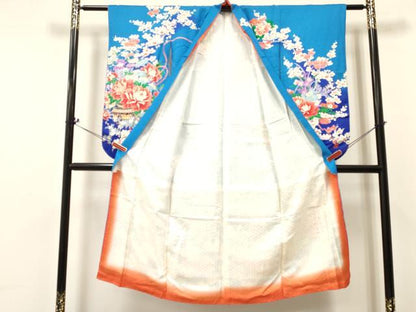 平和屋着物[]七五三　女の子　７歳　祝着　四つ身　駒刺繍　陶器花文　暈し染め　金彩　逸品　DABA3988ma