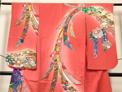 平和屋着物[]七五三　女の子　７歳　祝着　四つ身　束ね熨斗鈴扇面花文　暈し染め　金銀彩　逸品　DABA3991ma