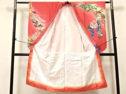 平和屋着物[]七五三　女の子　７歳　祝着　四つ身　束ね熨斗鈴扇面花文　暈し染め　金銀彩　逸品　DABA3991ma