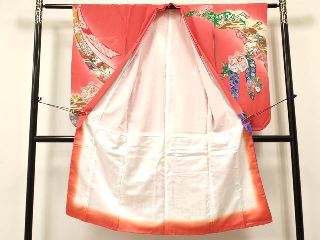 平和屋着物[]七五三　女の子　７歳　祝着　四つ身　束ね熨斗鈴扇面花文　暈し染め　金銀彩　逸品　DABA3991ma