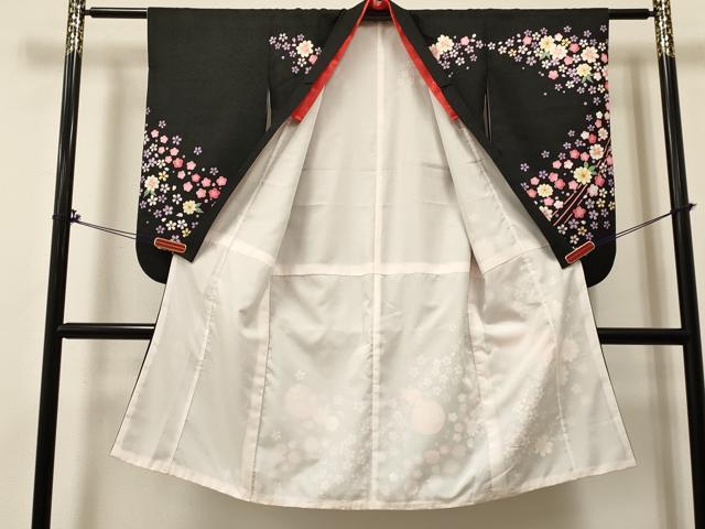平和屋着物[]七五三　女の子　７歳　祝着　四つ身　鞠花文　黒地　金銀彩　洗える着物　DABA3993ma
