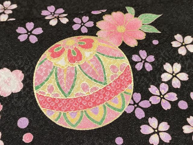 平和屋着物[]七五三　女の子　７歳　祝着　四つ身　鞠花文　黒地　金銀彩　洗える着物　DABA3993ma