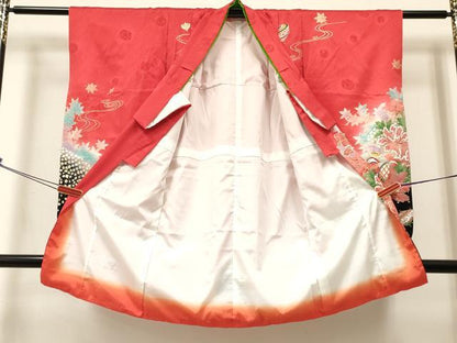 平和屋着物[]七五三　女の子　３歳　祝着　三つ身　駒刺繍　独楽 コマ　鞠　鴛鴦花蝶文　暈し染め　金銀彩　逸品　DABA3994ma