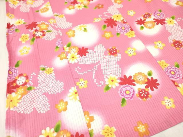 平和屋着物∴夏物 浴衣 女の子 ７歳 花蝶文 綿 逸品 DABA3996ma