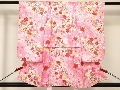 平和屋着物[]七五三　女の子　３歳　祝着　三つ身　草花文　暈し染め　金彩　DABA3999ma
