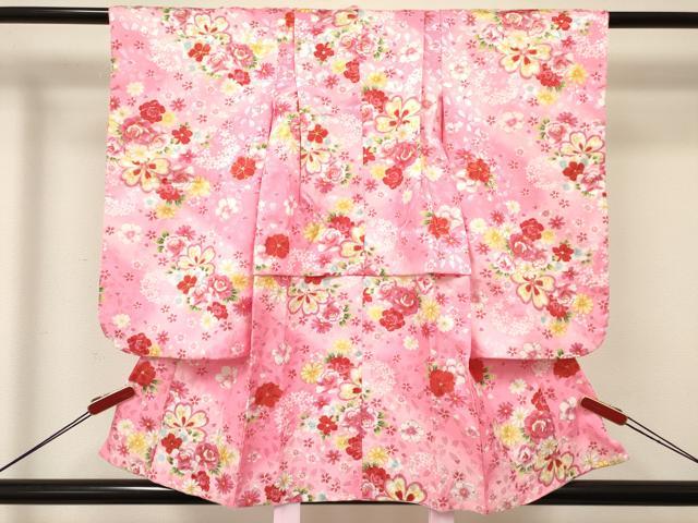 平和屋着物[]七五三　女の子　３歳　祝着　三つ身　草花文　暈し染め　金彩　DABA3999ma