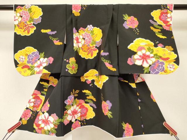 平和屋着物[]七五三　女の子　３歳　祝着　三つ身　吉祥花文　黒地　金彩　洗える着物　DABA4000ma