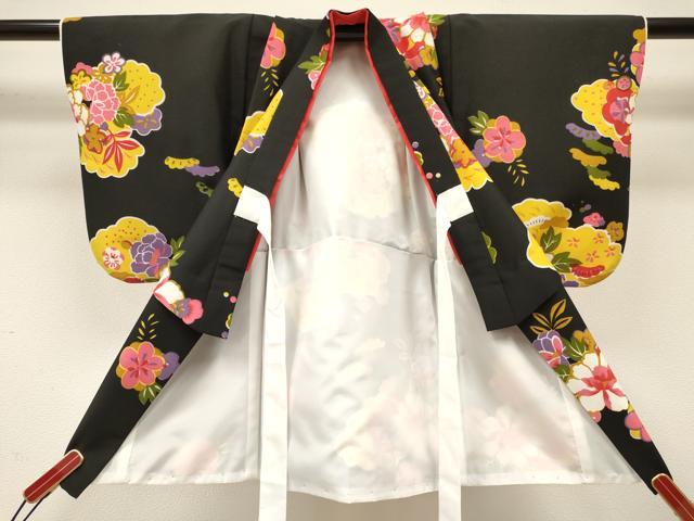 平和屋着物[]七五三　女の子　３歳　祝着　三つ身　吉祥花文　黒地　金彩　洗える着物　DABA4000ma